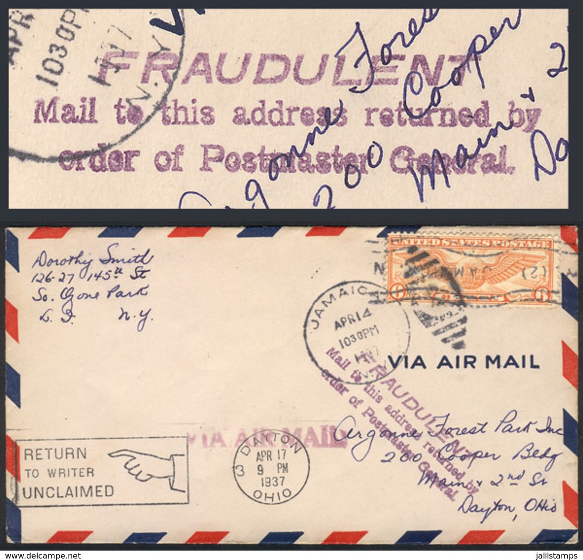 UNITED STATES: Rare Auxiliary Mark: Airmail Cover Sent From New York (Jamaica St.) To Dayton OH On 14/AP/1937 Franked Wi - Other & Unclassified