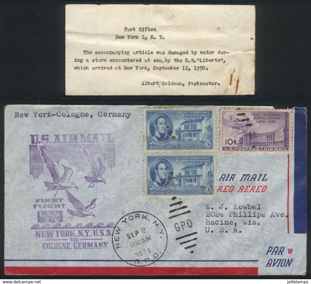 UNITED STATES: 2/SE/1950 New York - Köln (Germany), First Flight, Cover With Arrival Backstamp Of 4/SE, And As It Was Ad - Other & Unclassified