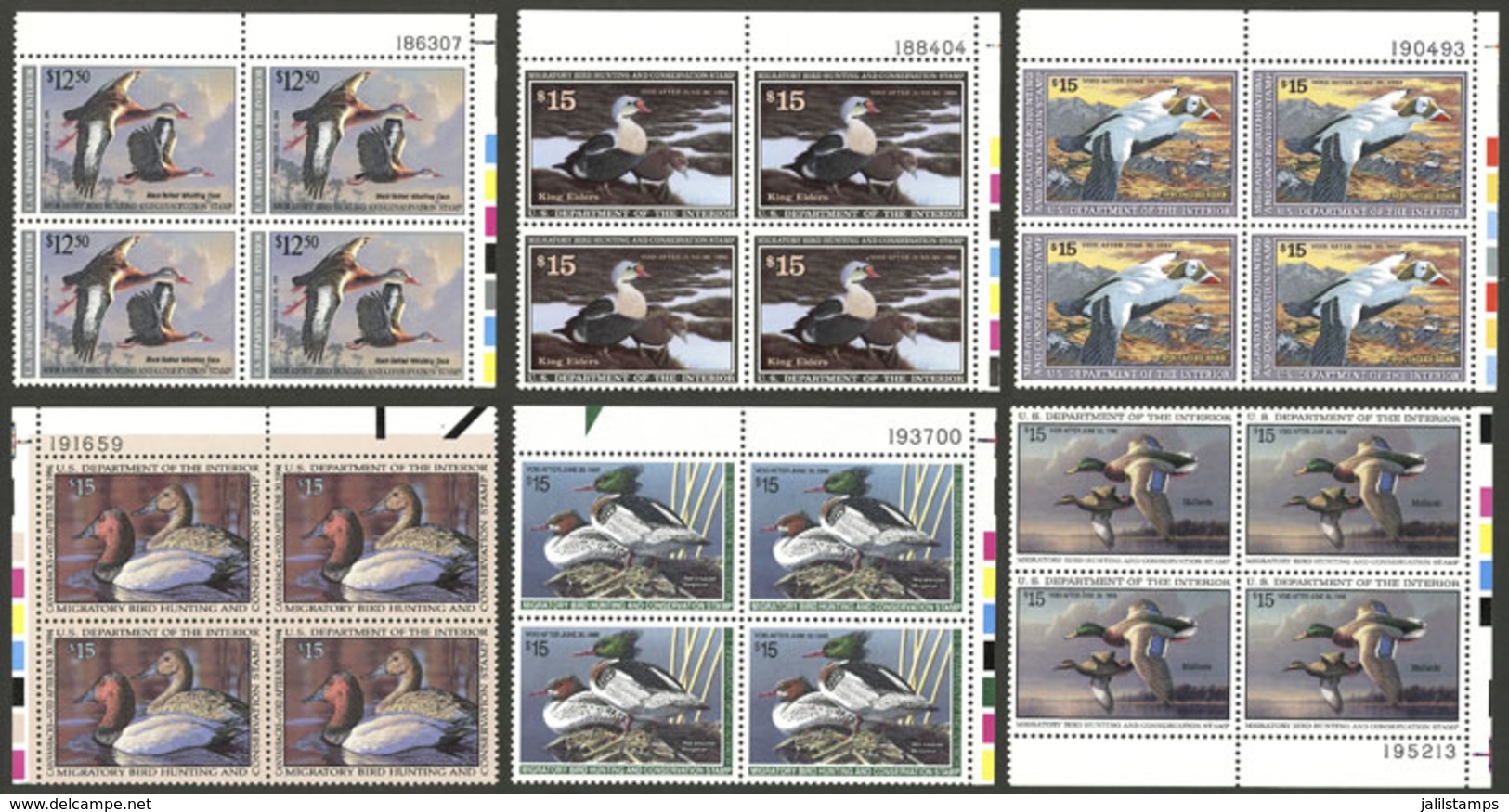 UNITED STATES: HUNTING PERMIT STAMPS: 6 MNH Blocks Of 4 Of Excellent Quality, Including Year 1991 To 1996, Face Value US - Steuermarken