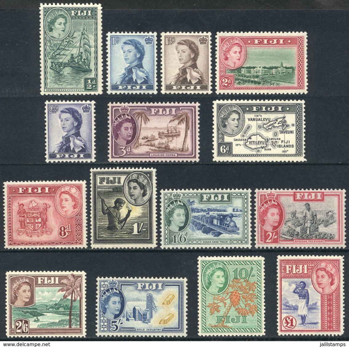 FIJI: Sc.147/162, 1954/6 Elizabeth And Other Topics, Compl. Set Of 15 Mint Values, Most Unmounted (2 Or 3 Very Lightly H - Fidji (...-1970)