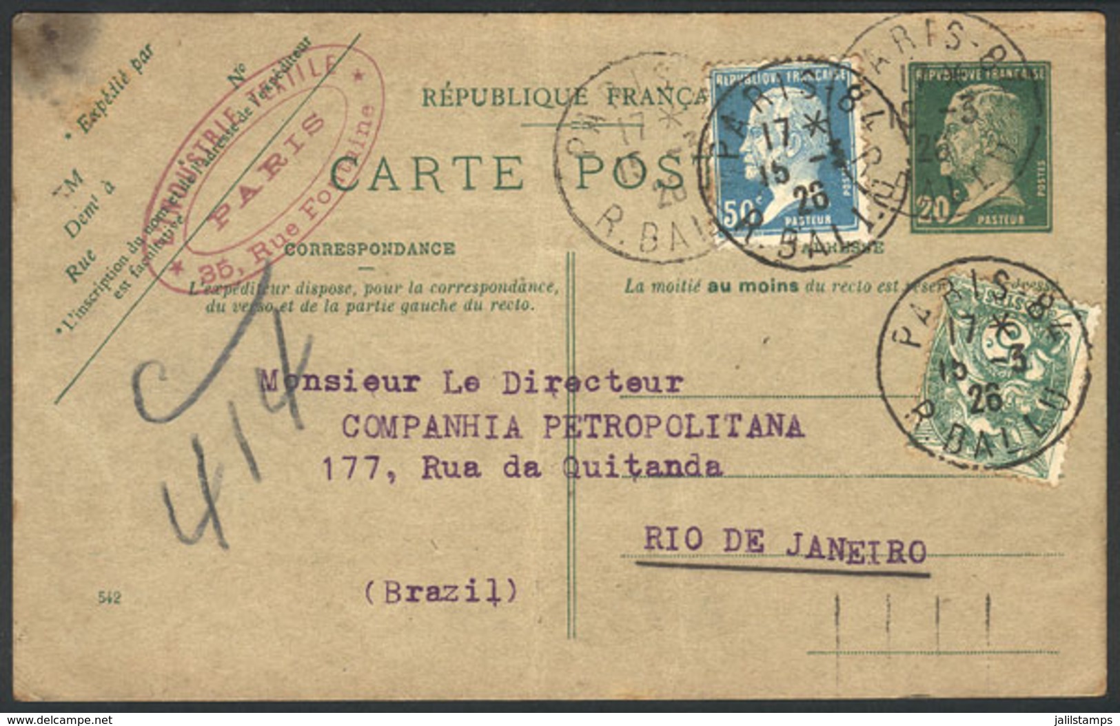 FRANCE: 20c. Pasteur Postal Card Uprated With 55c., Sent From Paris To Rio De Janeiro On 15/MAR/1926. - Autres & Non Classés