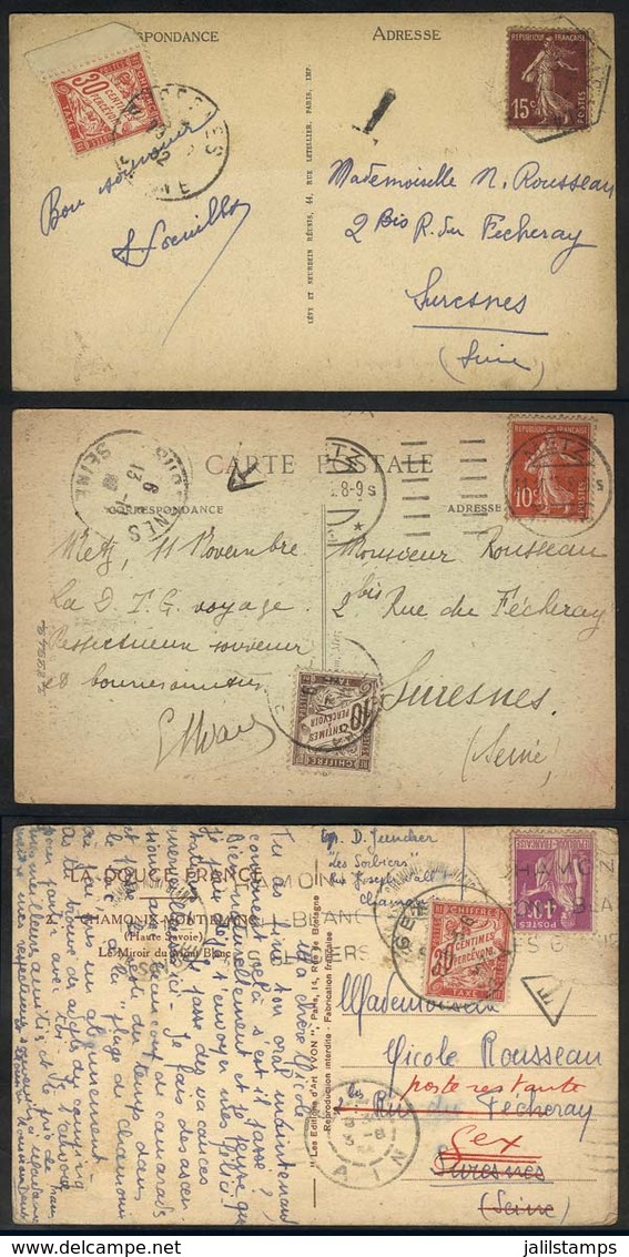 FRANCE: 3 Postcards Used Between 1932 And 1934, All With POSTAGE DUE Stamps, Interesting! - Sonstige & Ohne Zuordnung