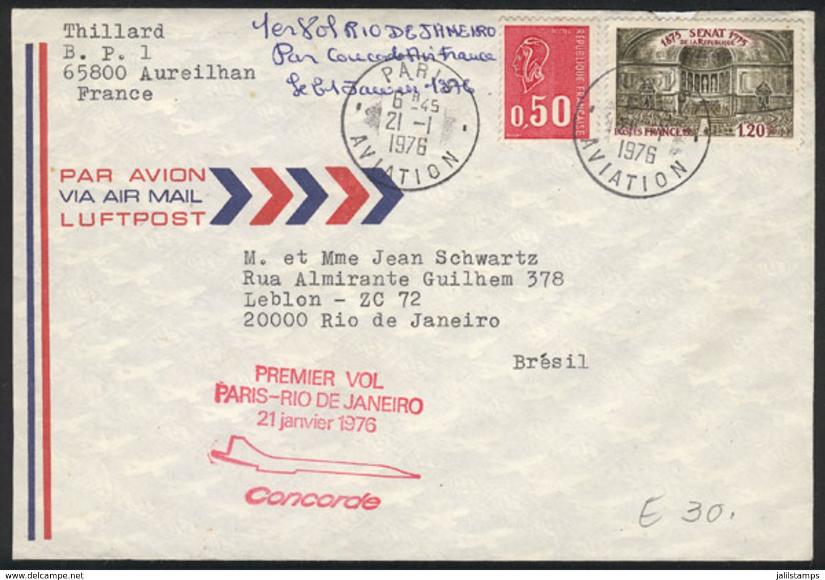 FRANCE: 21/AP/1976 CONCORDE First Flight Paris - Rio, VF Quality! - Sonstige & Ohne Zuordnung