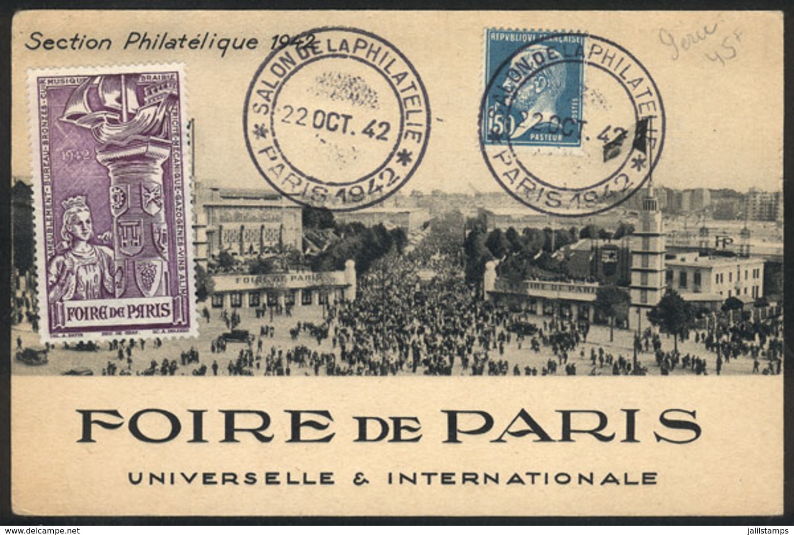 FRANCE: Paris World Fair Of 1942, Philatelic Section, With Special Postmark Of The Expo For 22/OC/1942 And Cinderella, F - Autres & Non Classés