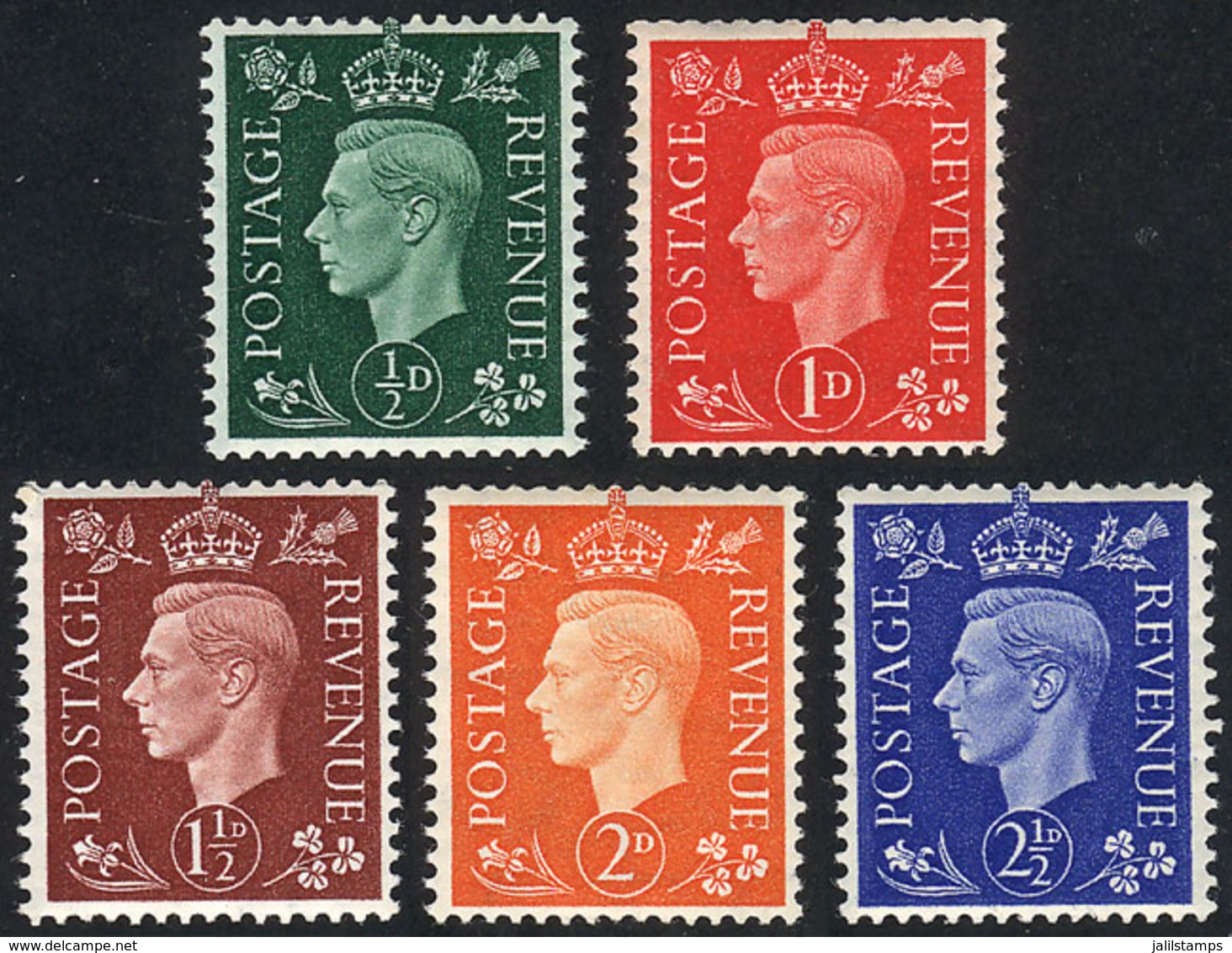 GREAT BRITAIN: Sc.235a/239a, 1937/47 George V With Dark Background And WATERMARK SIDEWAYS, Cmpl. Set Of 5 Values, MNH, V - Autres & Non Classés
