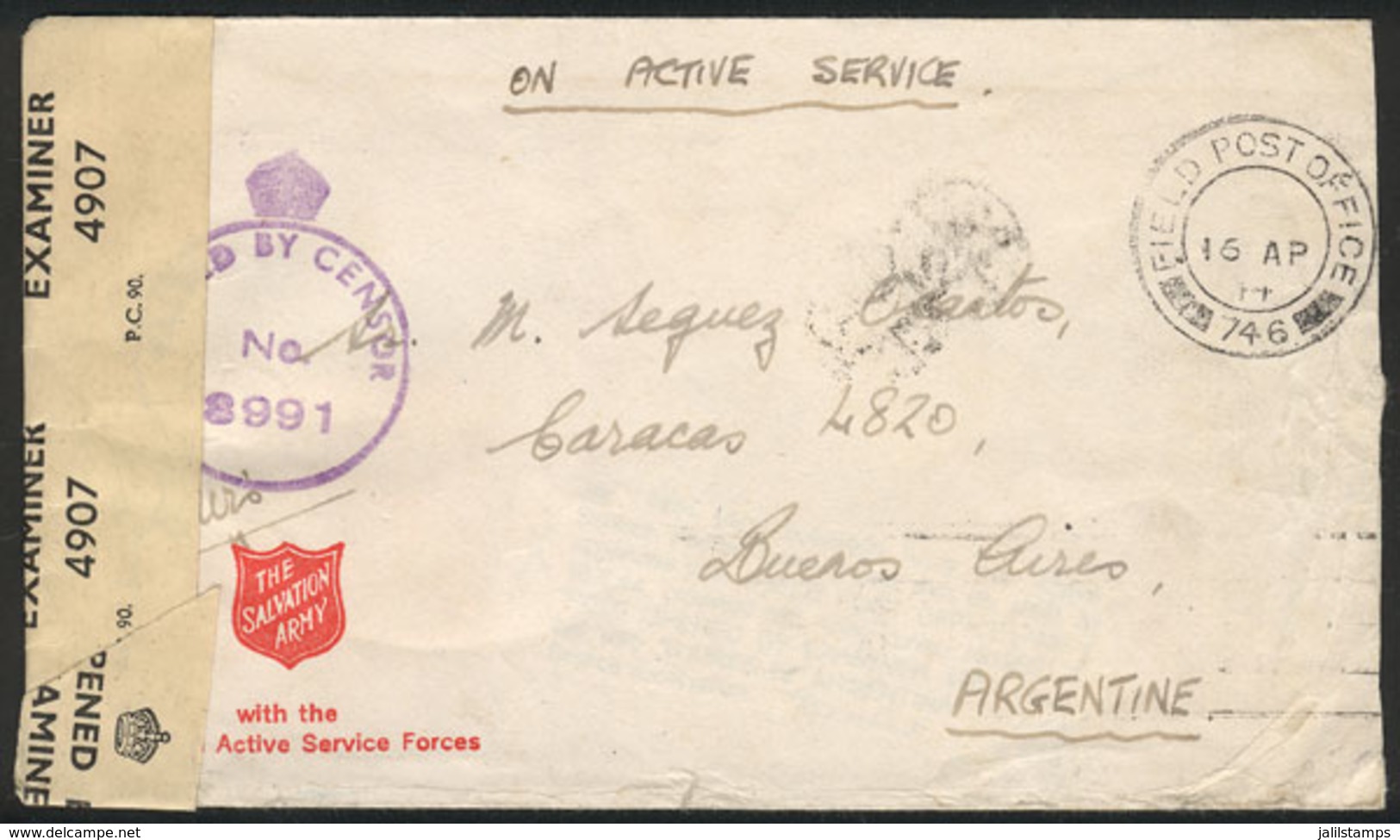 GREAT BRITAIN: Cover Sent To Argentina On 16/AP/1944 With Military Free Frank, Cancelled 'FIELD POST OFFICE 756', Censor - Sonstige & Ohne Zuordnung