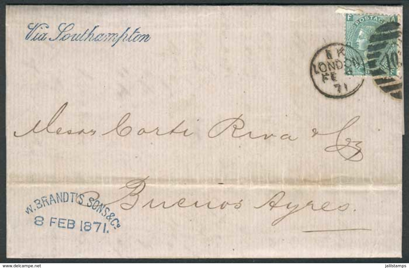 GREAT BRITAIN: 8/FEB/1871 LONDON - ARGENTINA: Complete Folded Letter Franked By Sc.54 Plate 4, With Duplex Cancel, Sent  - Autres & Non Classés