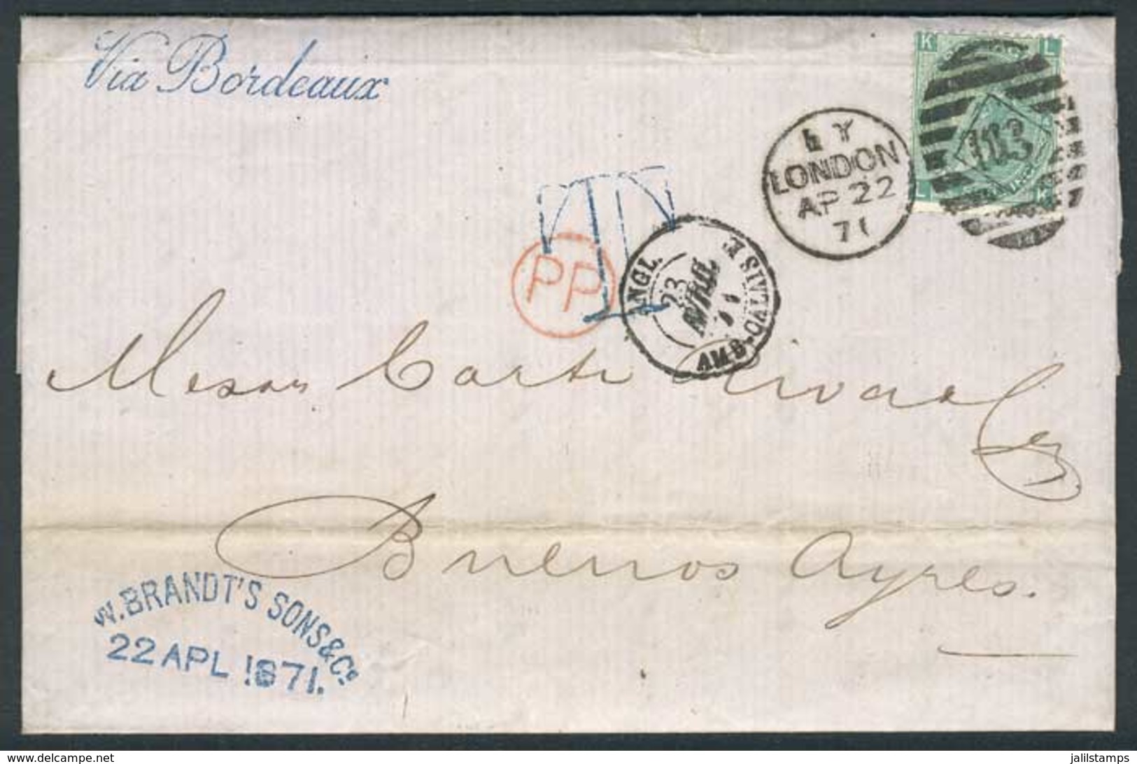 GREAT BRITAIN: 22/APR/1871 LONDON - ARGENTINA: Complete Folded Letter Franked By Sc.54 Plate 4, With Duplex Cancel "103" - Altri & Non Classificati