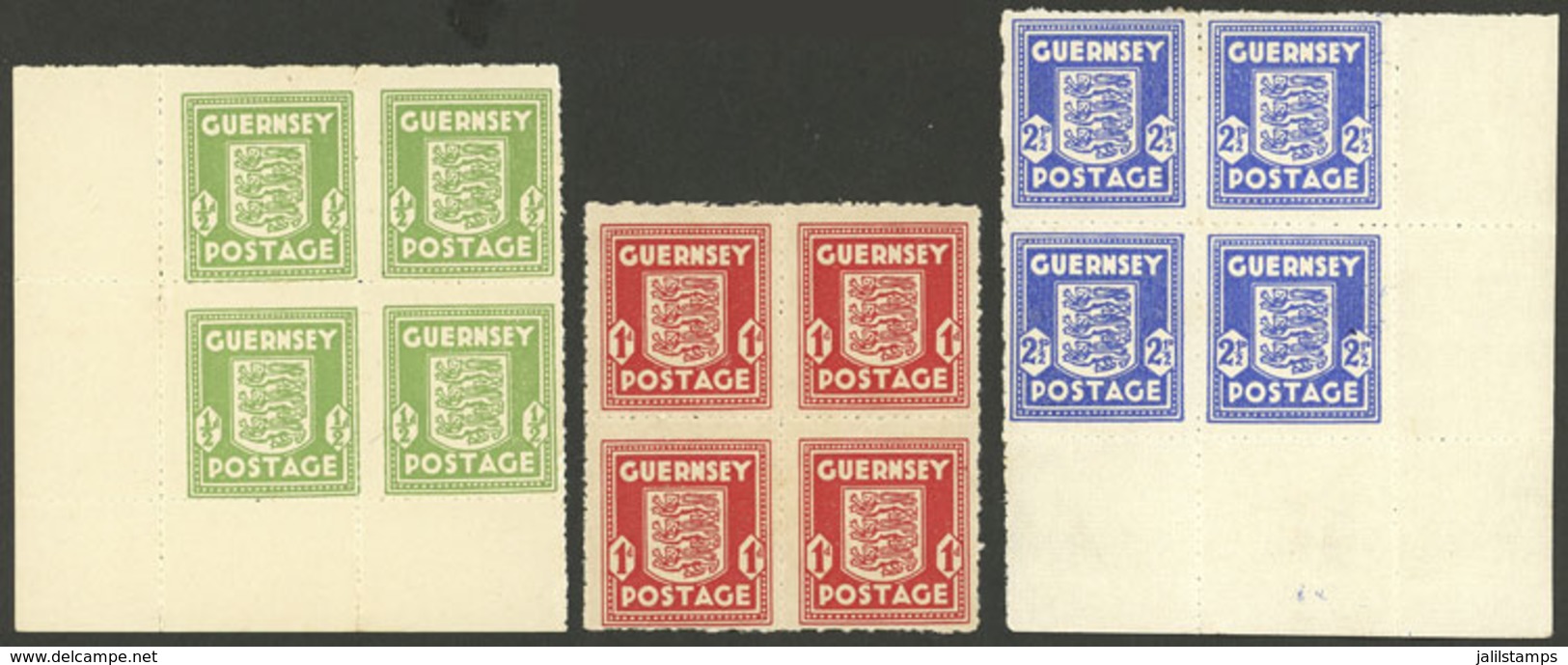 GREAT BRITAIN - GUERNSEY: Yvert 1/3, 1941/4 German Occupation, Cmpl. Set Of 3 Values In MNH Blocks Of 4, VF Quality! - Sonstige & Ohne Zuordnung