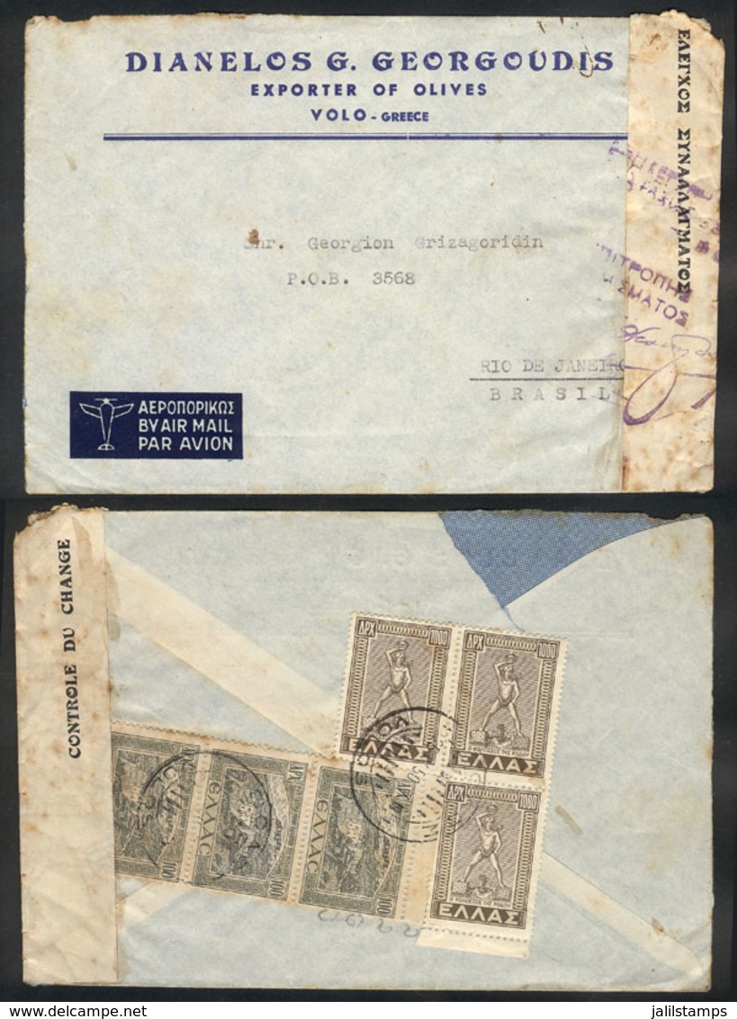 GREECE: Airmail Cover Sent From Volos To Rio De Janeiro On 25/SE/1950 With Nice Postage On Back And Interesting Censorsh - Autres & Non Classés