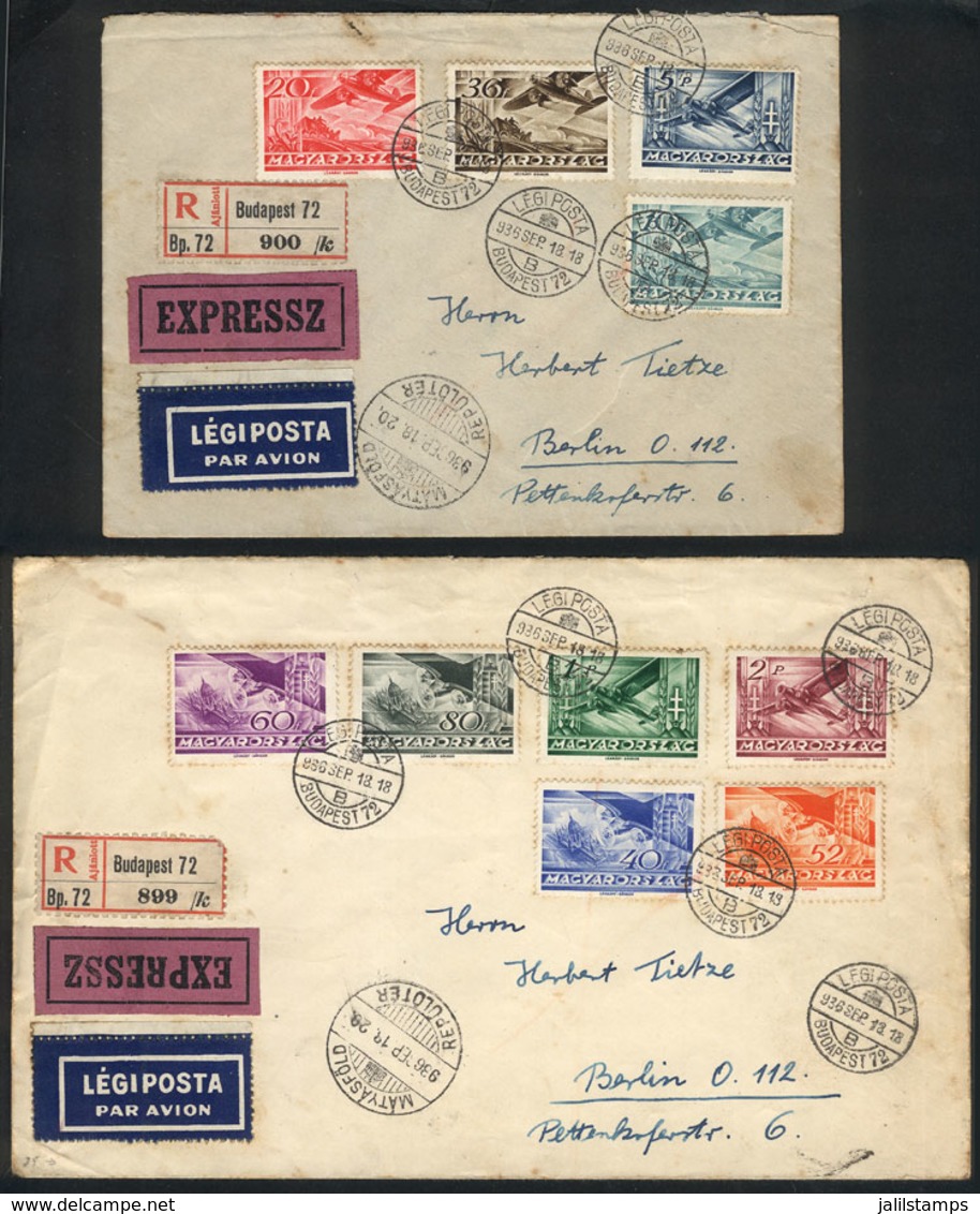 HUNGARY: Sc.C35/C44, 1936 Complete Set Of 10 Values On 2 Covers Sent From Budapest To Berlin On 18/SE/1936, With Light S - Andere & Zonder Classificatie