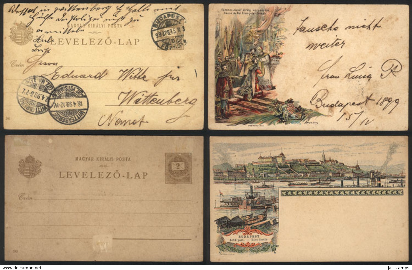 HUNGARY: 2 Old 2f. Postal Cards Illustrated On Back: Coronation Of King Franz Joseph (used In 1899) And View Of Budapest - Autres & Non Classés