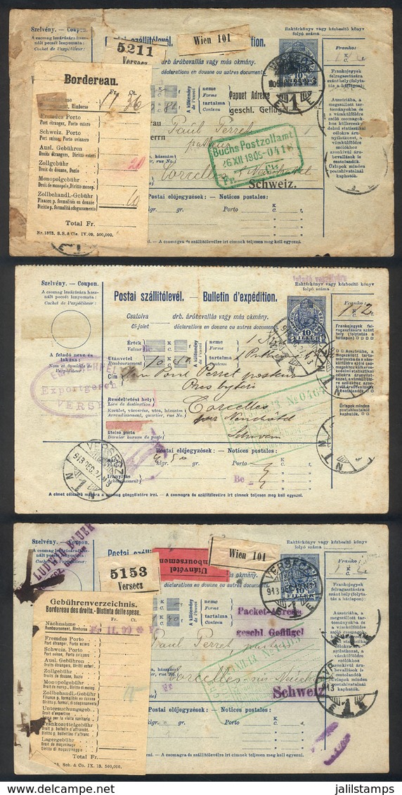 HUNGARY: 3 Dispatch Notes Of Parcel Posts Sent In 1909 And 1913 To Switzerland And France. - Autres & Non Classés