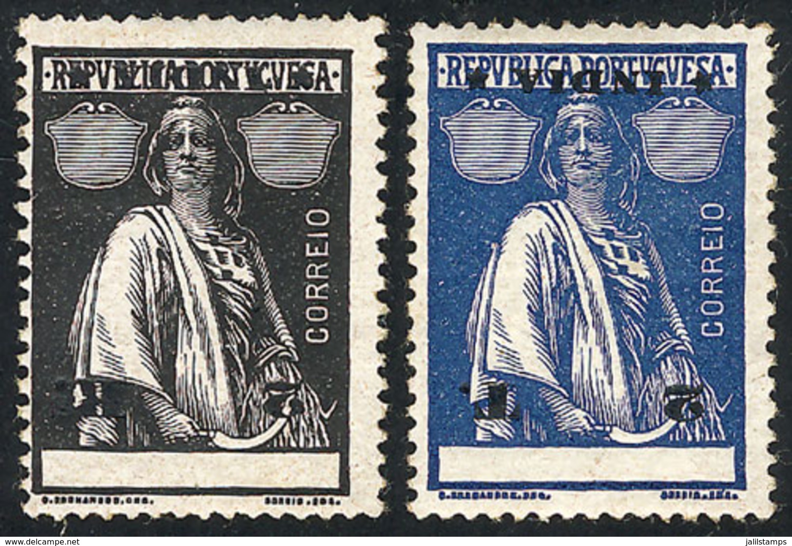 PORTUGUESE INDIA: Sc.359 + 369, 1914 2r. Black And 2T. Blue, Both With Impression Of BLACK COLOR INVERTED, VF! - Inde Portugaise