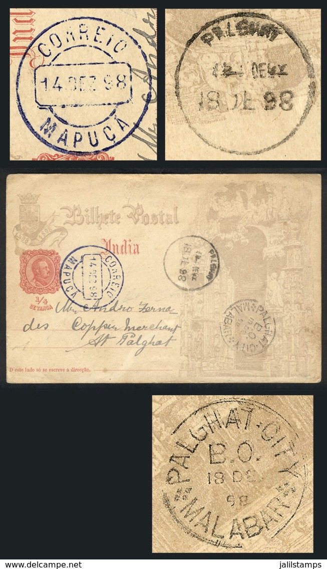 PORTUGUESE INDIA: 1/4t. Postal Card Sent From MAPUÇÁ To Palghat On 14/DE/1898, Nice Cancels! - Portugiesisch-Indien