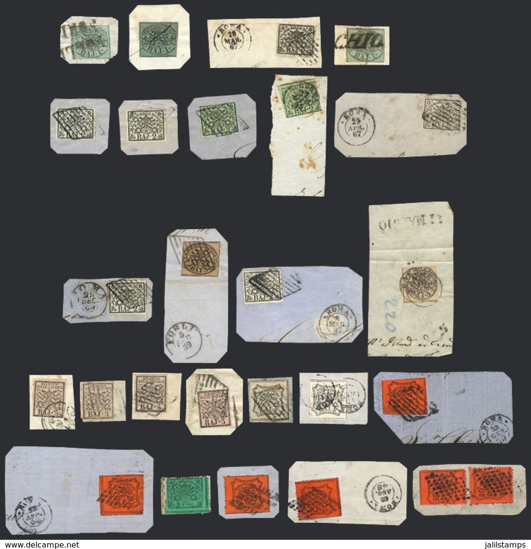 ITALY: Lot Of Stamps Issued Between 1852 And 1868 Used On Fragments, With Varied Cancels, Very Fine Quality. The Scott V - Kirchenstaaten