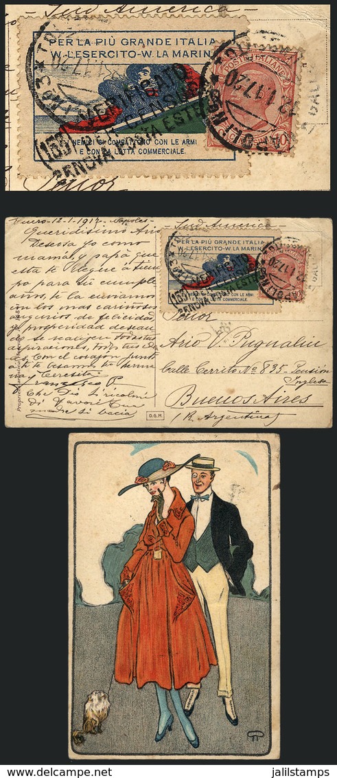 ITALY: Handsome PC Sent From Napoli To Buenos Aires On 12/JA/1917, Franked With Postage Stamp Of 10c. + Patriotic Cinder - Ohne Zuordnung