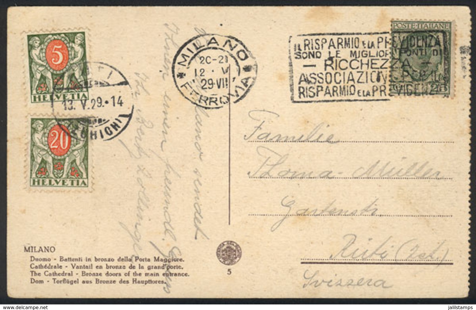 ITALY: Postcard Sent From Milano To Ruti (Switzerland) On 12/MAY/1929 Franked With 25, Which Was Insufficient, So It Rec - Ohne Zuordnung