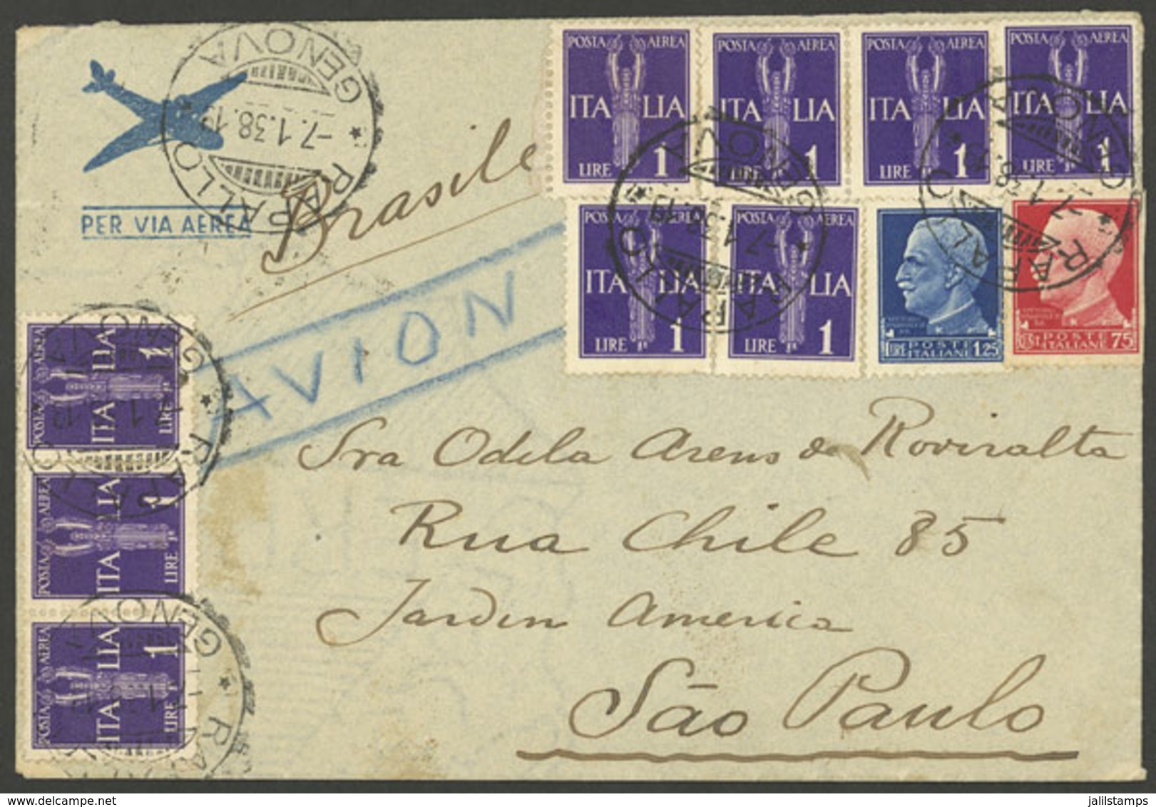 ITALY: 7/JA/1938 Rapallo - Brazil, Airmail Cover With 11L, Arrival Backstamps, VF - Non Classés