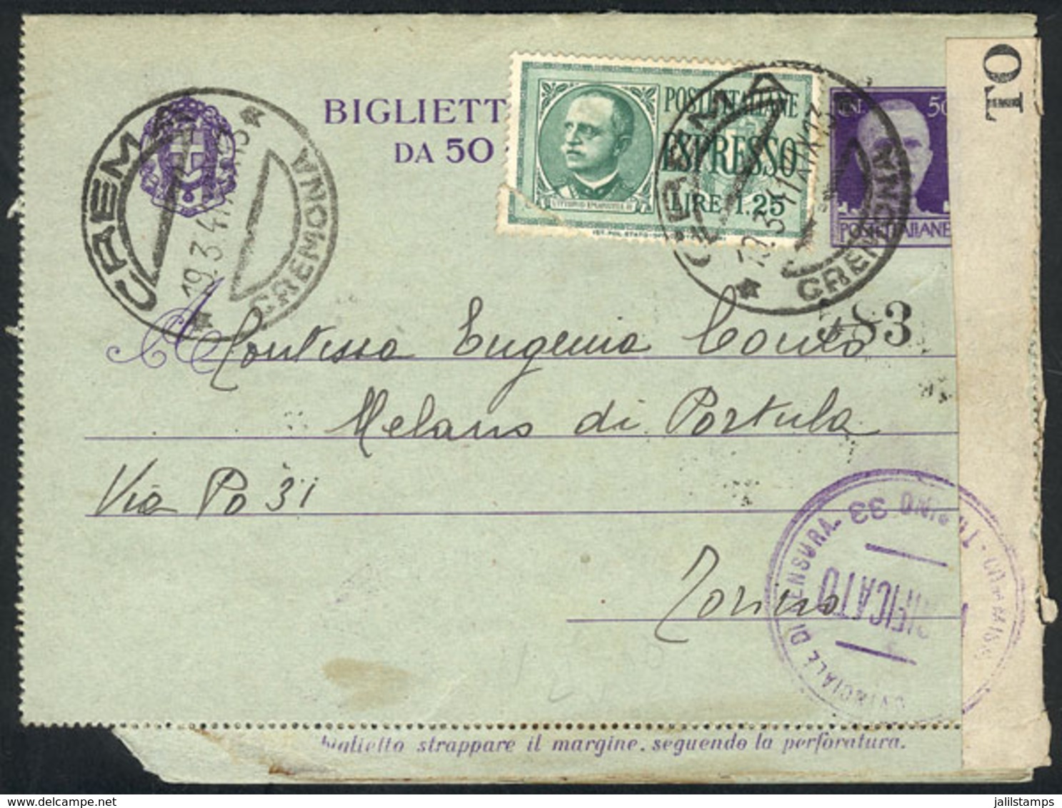 ITALY: 50c. Letter Card (biglietto Postale) + Express Stamp Of 1.25L., Sent From Crema To Torino On 19/MAR/1941, With Ce - Non Classés