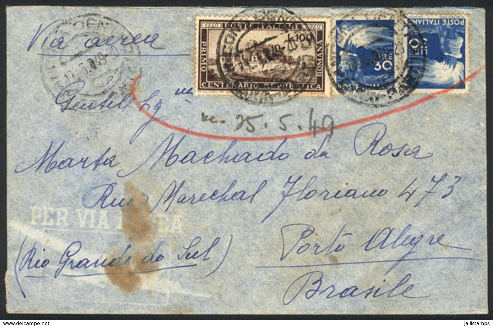 ITALY: Airmail Cover Sent From Ancona To Brazil On 19/MAY/1949, Franked With 160L. Including The Sassone 600 (Centenary  - Non Classés