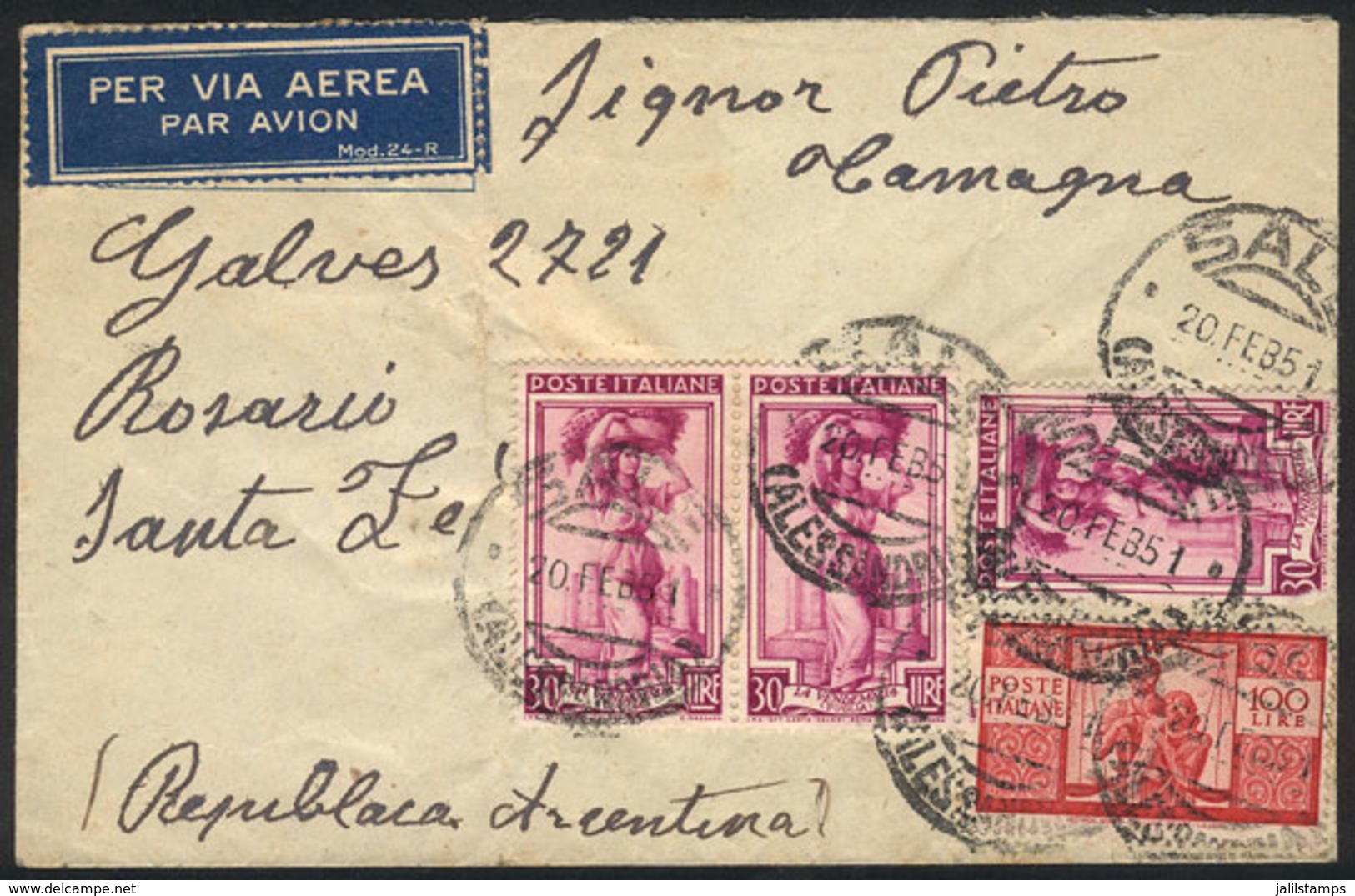 ITALY: Airmail Cover Sent From Sale To Argentina On 20/FE/1951 With Mixed Postage 100L. Democratica + 3x 30L. Lavoro, Sm - Ohne Zuordnung