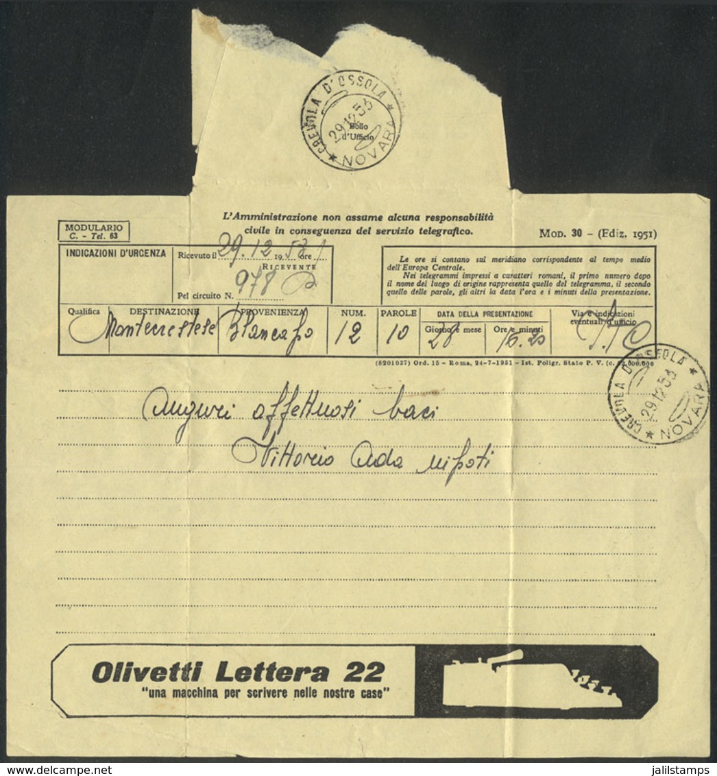 ITALY: Telegram With ADVERTISEMENT Of Olivetti Typewriters, Sent On 29/DE/1923, Very Nice! - Unclassified