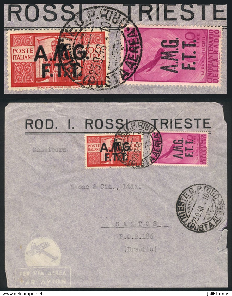 ITALY - TRIESTE: Airmail Cover Sent To Santos (Brazil) On 23/SE/1948 Franked With 150L. (Sassone 17 + A.12), Minor Openi - Altri & Non Classificati