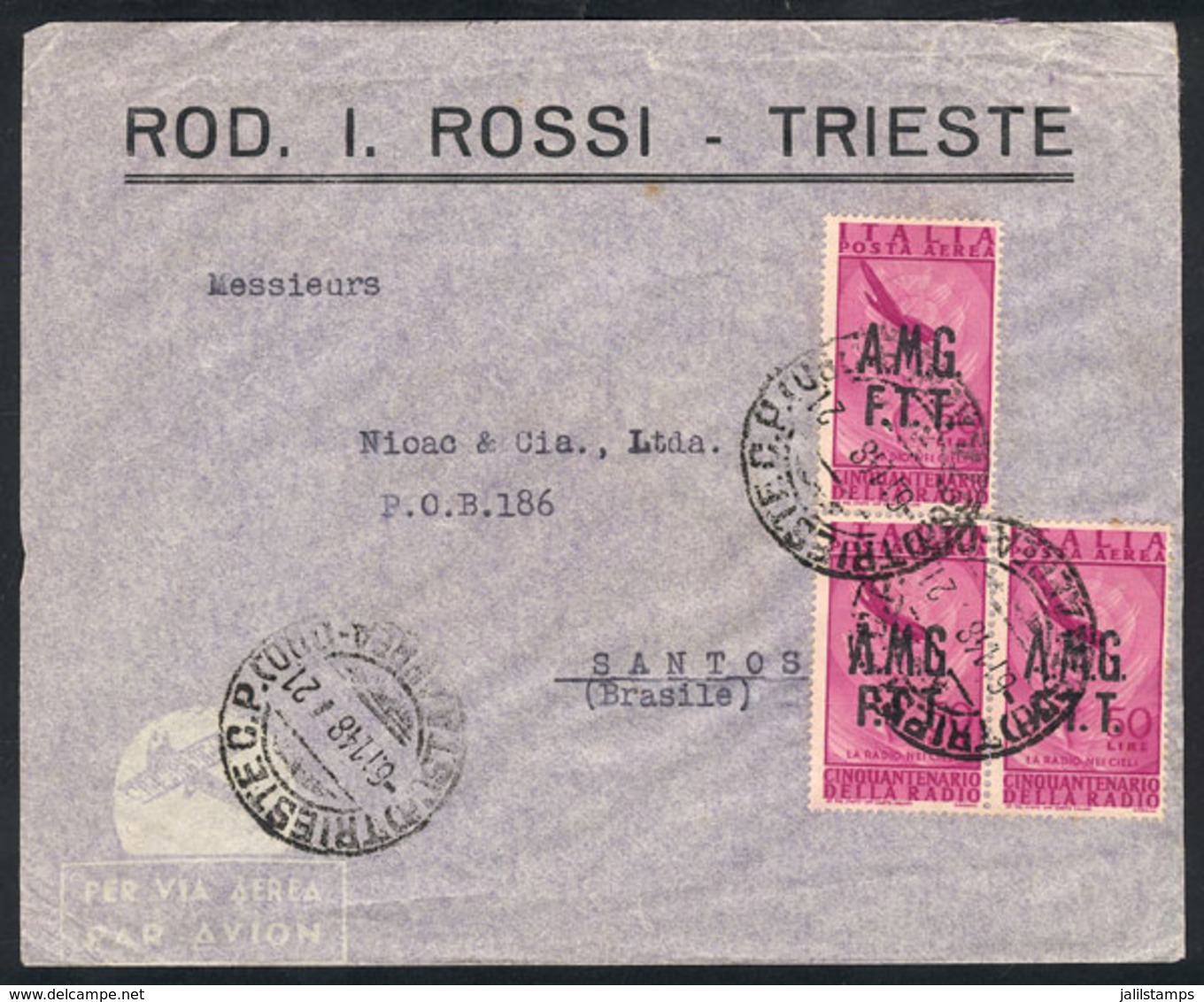 ITALY - TRIESTE: Airmail Cover Sent To Santos (Brazil) On 6/NO/1948 Franked With 150L. (Sassone A.12 X3), VF Quality! - Otros & Sin Clasificación