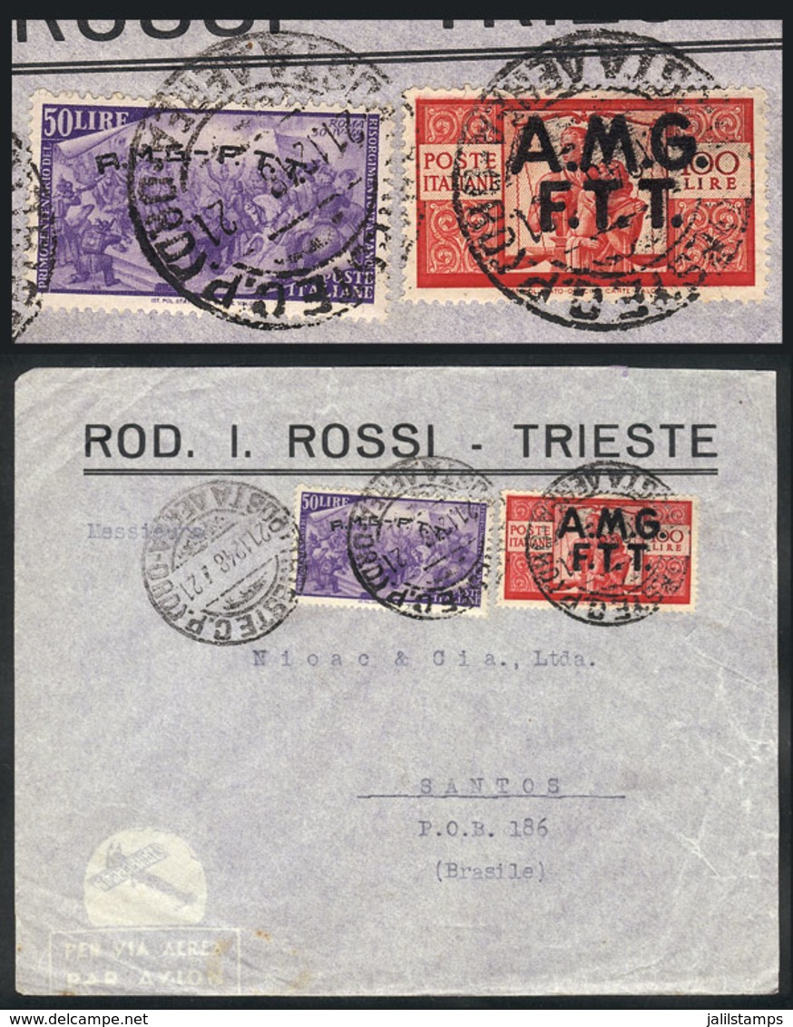ITALY - TRIESTE: Airmail Cover Sent To Santos (Brazil) On 21/DE/1948 Franked With 150L. (Sassone 17 + 28), Very Fine Qua - Sonstige & Ohne Zuordnung