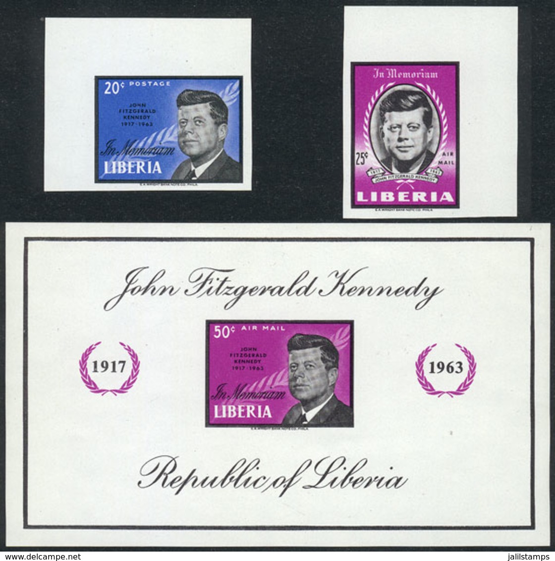 LIBERIA: Sc.414 + C160/1, Kennedy, Set Of 2 Values + Souvenir Sheet With IMPERFORATE Variety, VF Quality! - Liberia