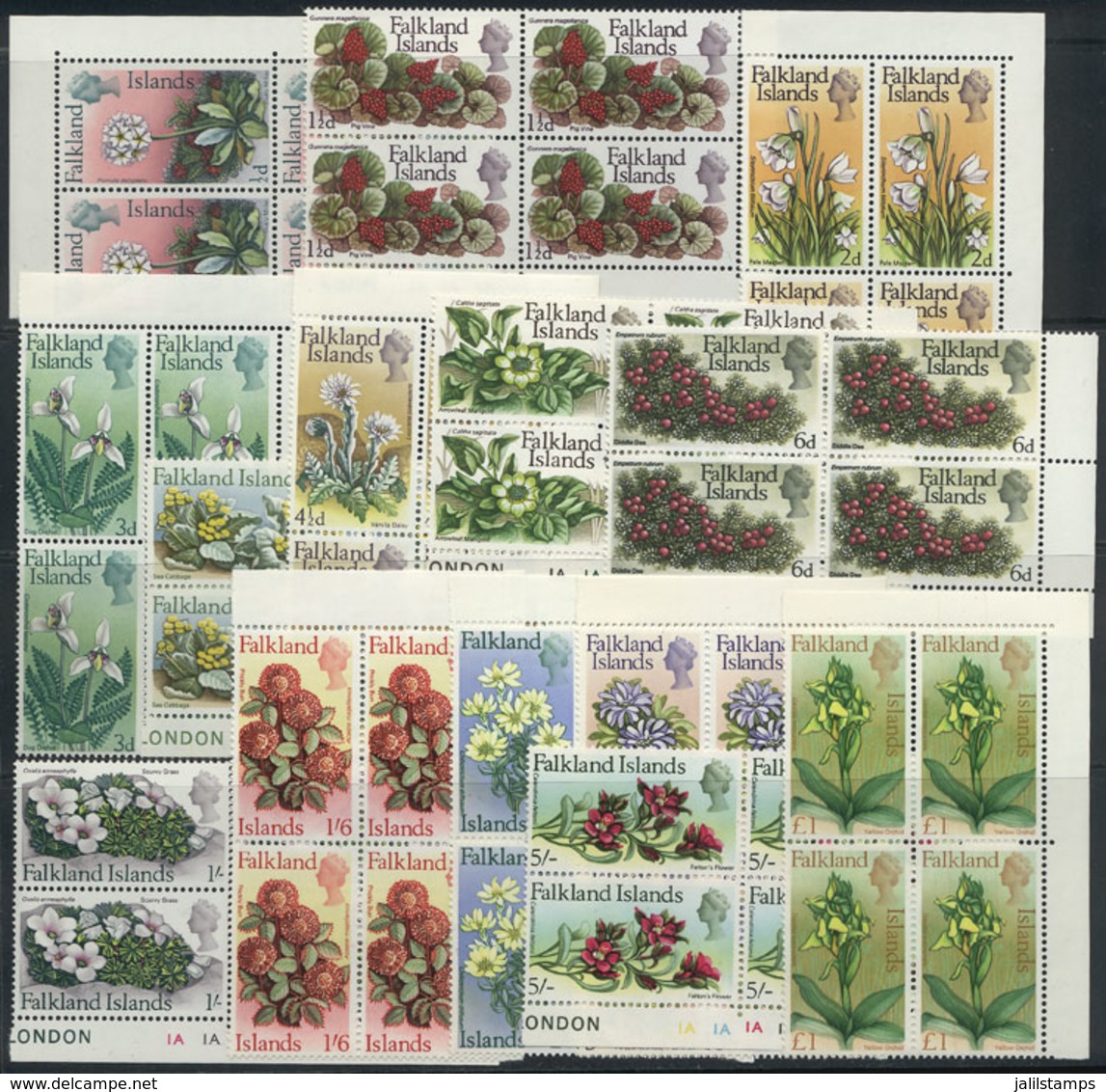 FALKLAND ISLANDS/MALVINAS: Sc.166/179, 1968 Flowers, Complete Set Of 14 Unmounted Values In Corner Blocks Of 4, Excellen - Falklandinseln