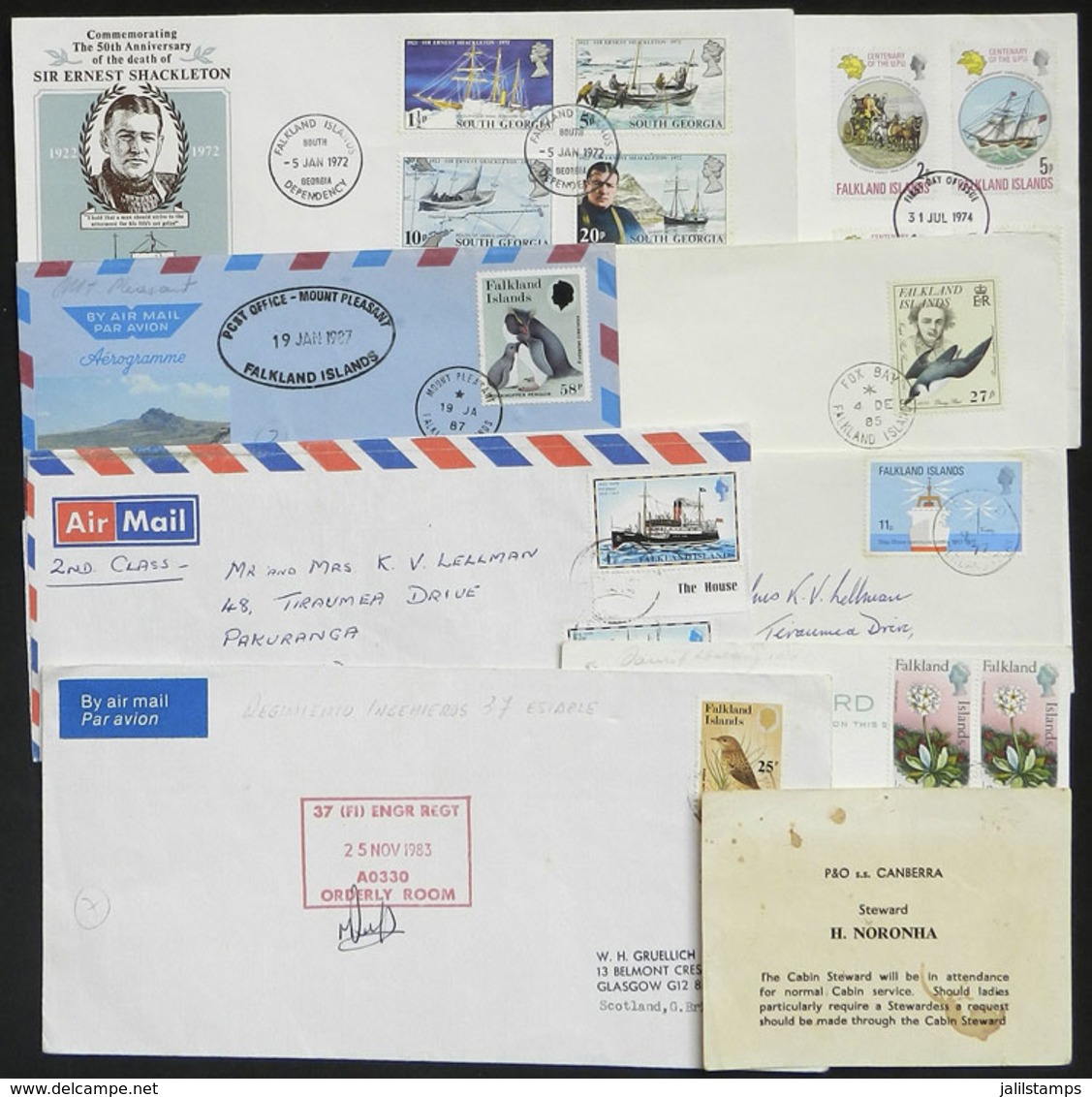 FALKLAND ISLANDS/MALVINAS: 8 Covers Of The Years 1974 To 1985, Also A Card Of The Ship S.S.Canberra, Good Lot! - Falkland