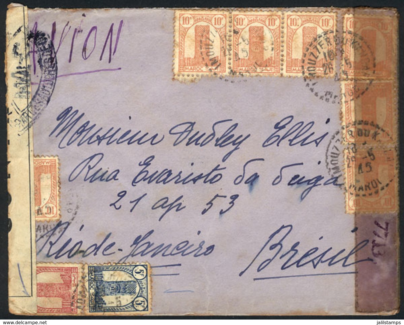 MOROCCO: Airmail Cover Sent To Brazil On 26/MAY/1945 (unusual Destination), With Nice Postage And Double Censor, VF Qual - Altri & Non Classificati