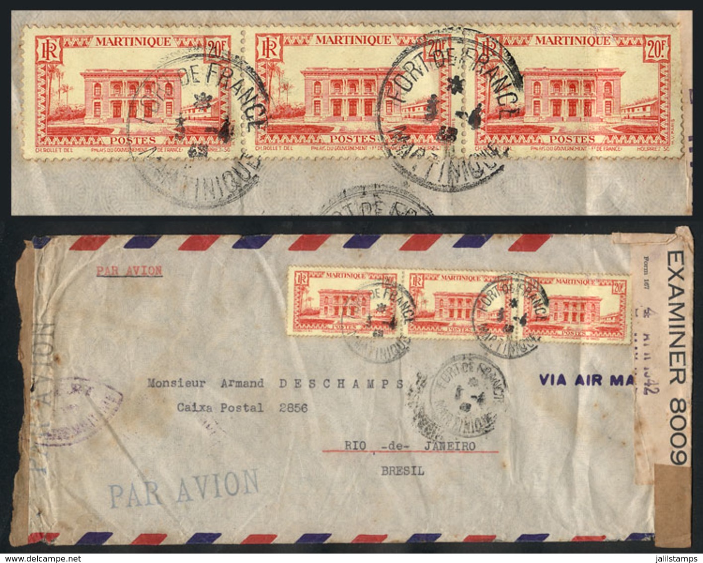 MARTINIQUE: Airmail Cover Sent From Fort De France To Rio De Janeiro (Brazil) On 3/AP/1942, Franked By Sc.172 Strip Of 3 - Autres & Non Classés