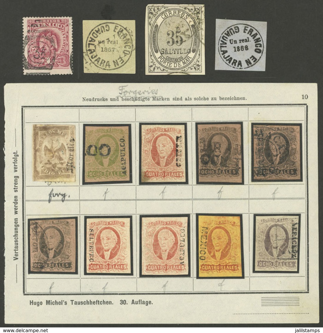 MEXICO: Page Of An Approvals Book With 10 Classic Stamps + 4 Other Singles, Apparently All FORGERIES Or Reprints, VF Qua - Mexique