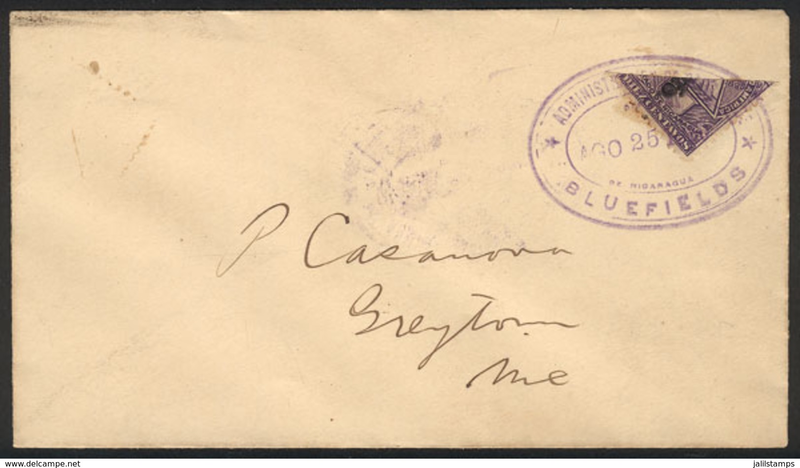 NICARAGUA: Cover Sent From BLUEFIELDS To Greytown On 25/AU/1899 Franked With 5c. (10c. Stamp Of 1899 With "TELÉGRAFO" Ov - Nicaragua