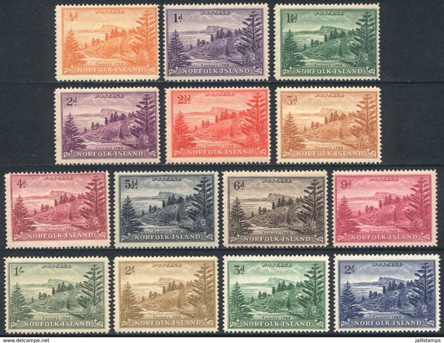 NORFOLK: Sc.1/12 + 23/24, 1947 And 1959 Ball Bay, Complete Set Of 14 Mint Values (few Are Very Lightly Hinged, Most MNH) - Norfolkinsel