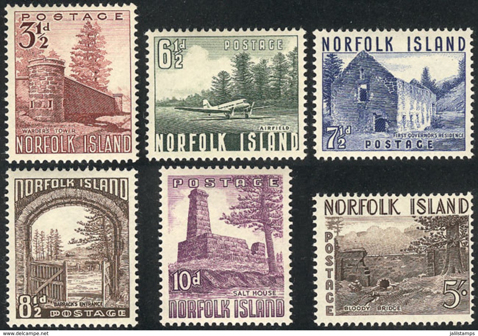 NORFOLK: Sc.13/18, 1953 Airplane And Buildings, Compl. Set Of 5 Unmounted Values, Excellent Quality, Catalog Value US$55 - Isola Norfolk