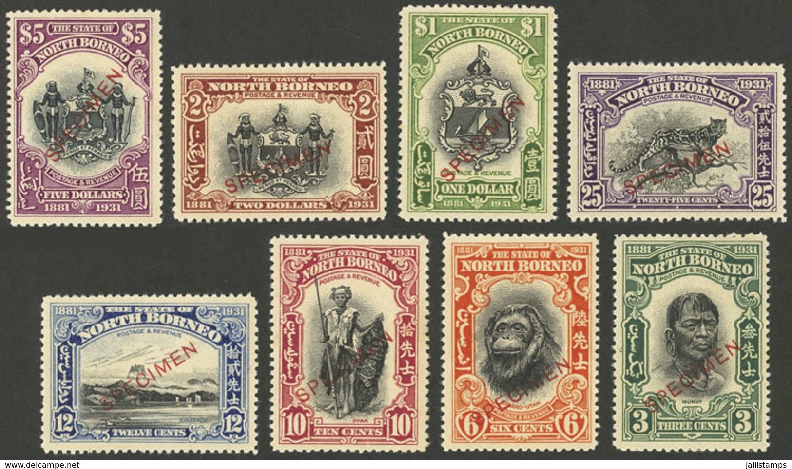 NORTH BORNEO: Sc.185/192, 1931 Animals, Coat Of Arms, Etc., Cmpl. Set Of 8 Values With SPECIMEN Ovpt., MNH, Dark Gum, Ve - Nordborneo (...-1963)