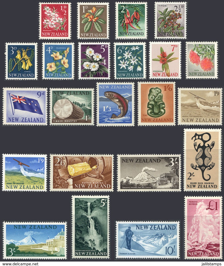 NEW ZEALAND: Sc.333/352 + 360/1, 1960/6 Flowers, Birds, Volcanoes Etc., Complete Set Of 23 Unmounted Values, Excellent Q - Altri & Non Classificati