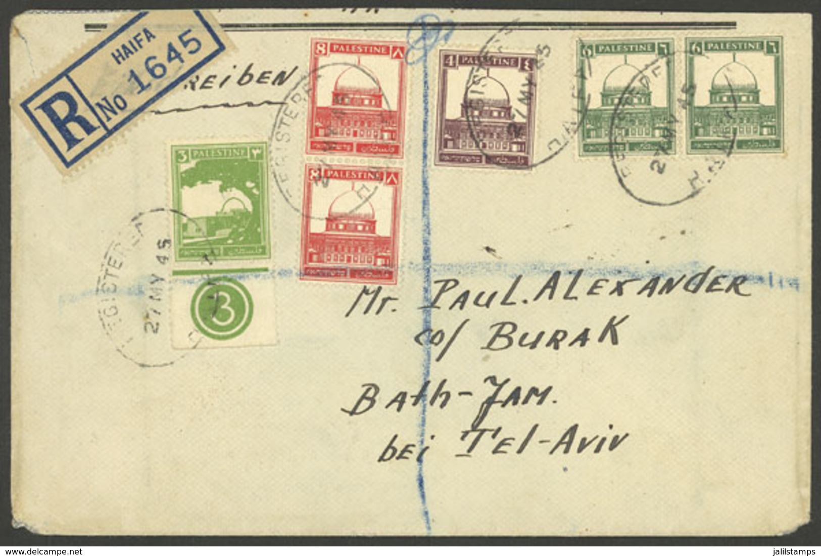 PALESTINE: 27/MAY/1945 Haifa - Bath-Yam, Registered Cover With Nice Postage And Arrival Backstamp, VF! - Palestine