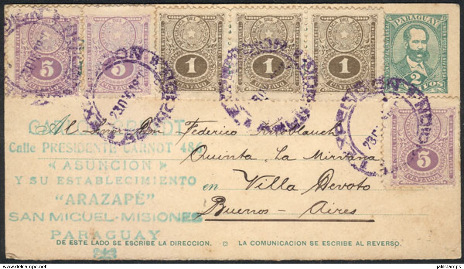 PARAGUAY: 2c. Postal Card Additionally Franked With 18c. (total 20c.), Sent From Asunción To Buenos Aires On 23/DE/1910, - Paraguay