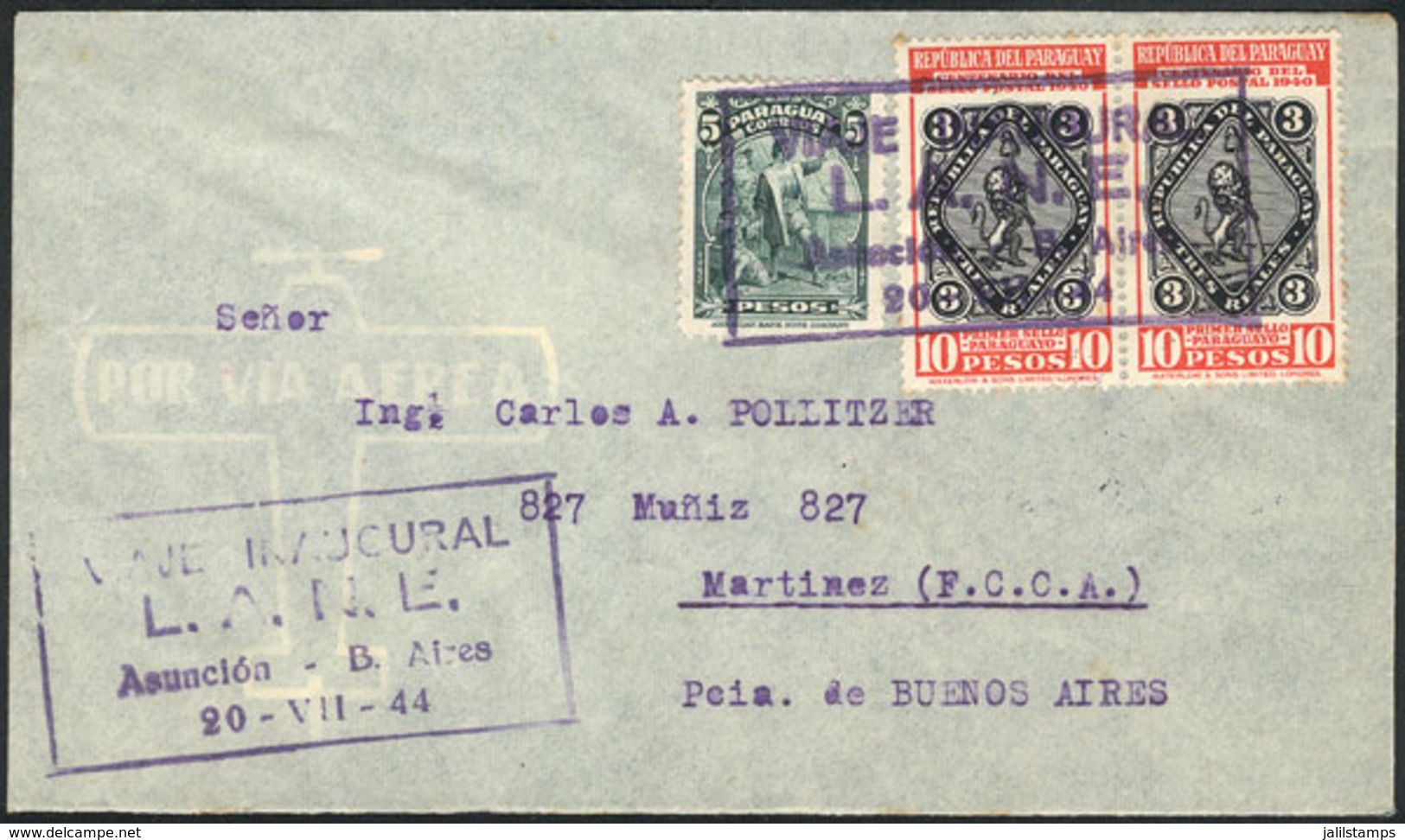 PARAGUAY: 20/JUL/1944 L.A.N.E. First Flight Between Asunción And Buenos Aires, Cover Of VF Quality With Arrival Backstam - Paraguay