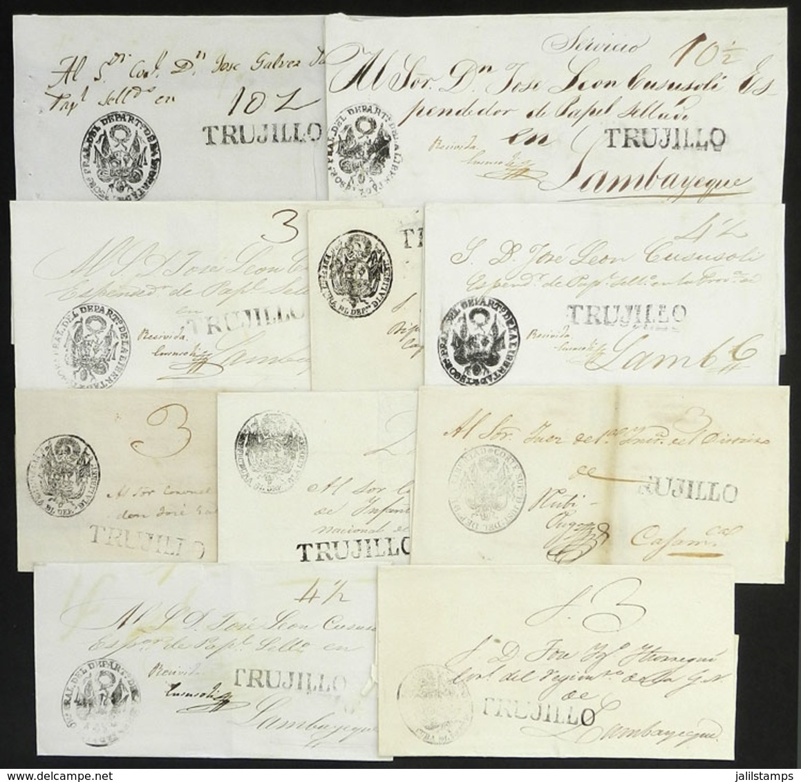 PERU: 10 Folded Covers With Clear Strikes Of Straightline "TRUJILLO" In Black, Varied Ratings And Destinations, VF Gener - Pérou