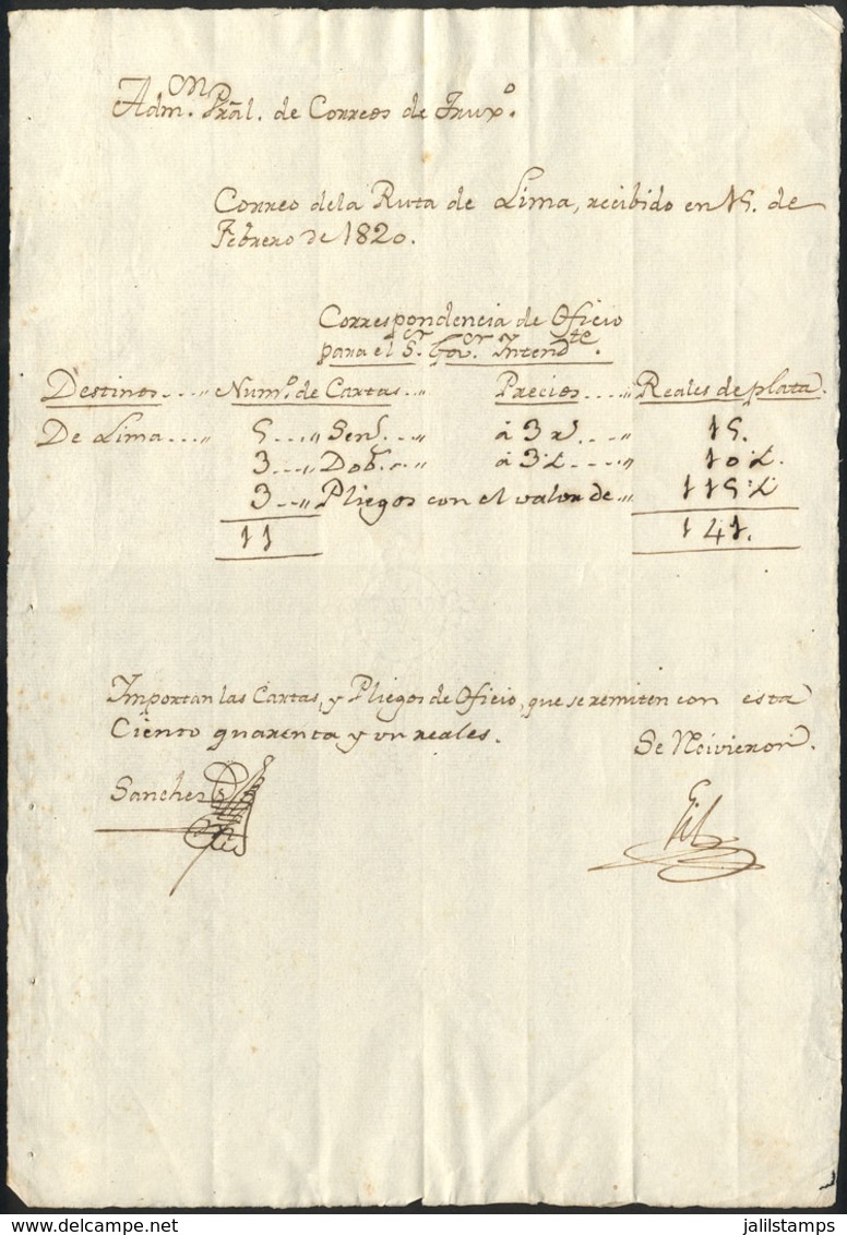 PERU: Document Dated 19 February 1820 About The Official Correspondence For The Regional Governor Intendente Of Lima, VF - Pérou