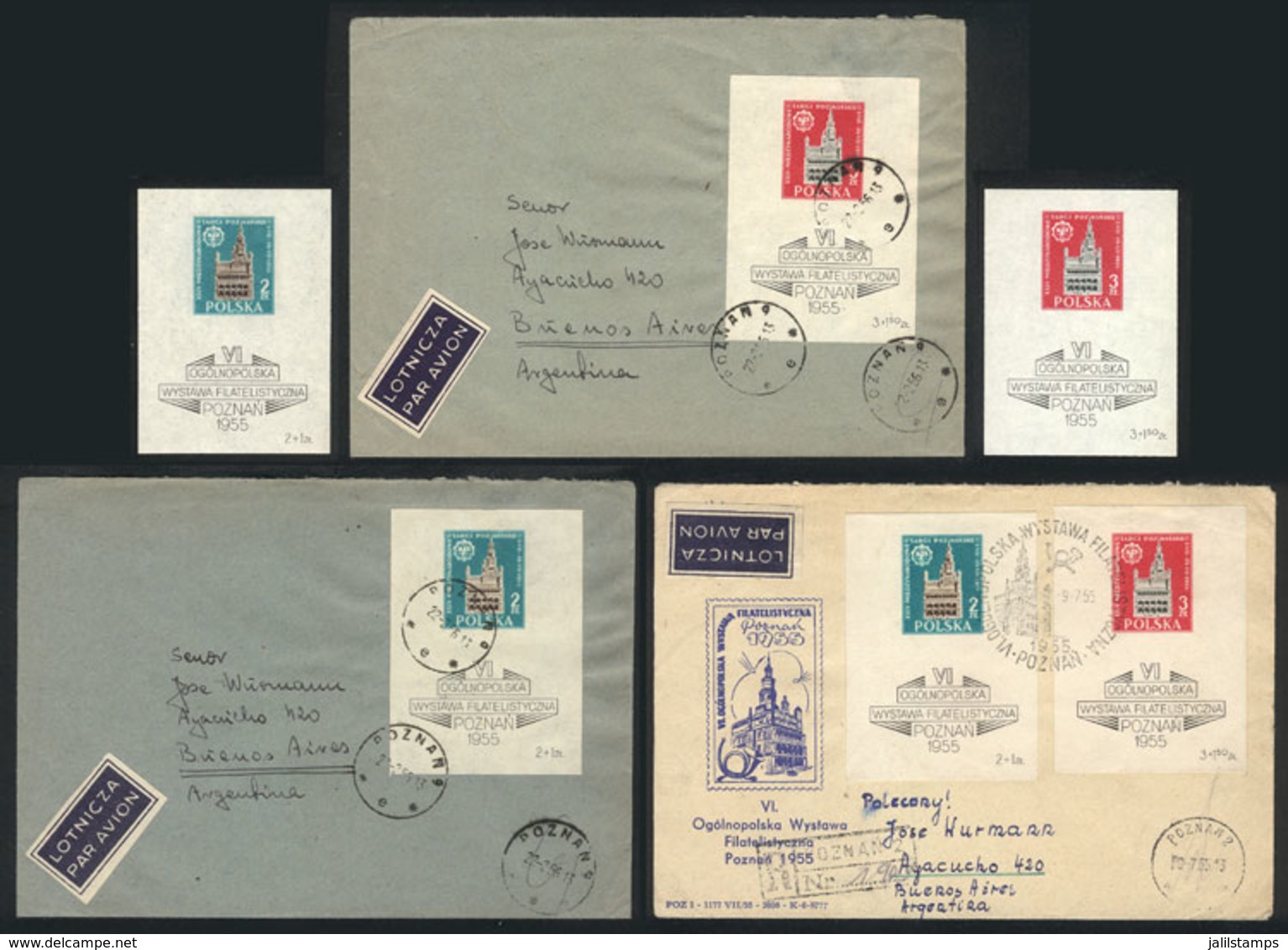 POLAND: Sc.B102/3, 1955 Poznan Stamp Exhibition, A Set Of 2 MNH Souvenir Sheets + 2 Sets Franking Covers Sent To Argenti - Autres & Non Classés