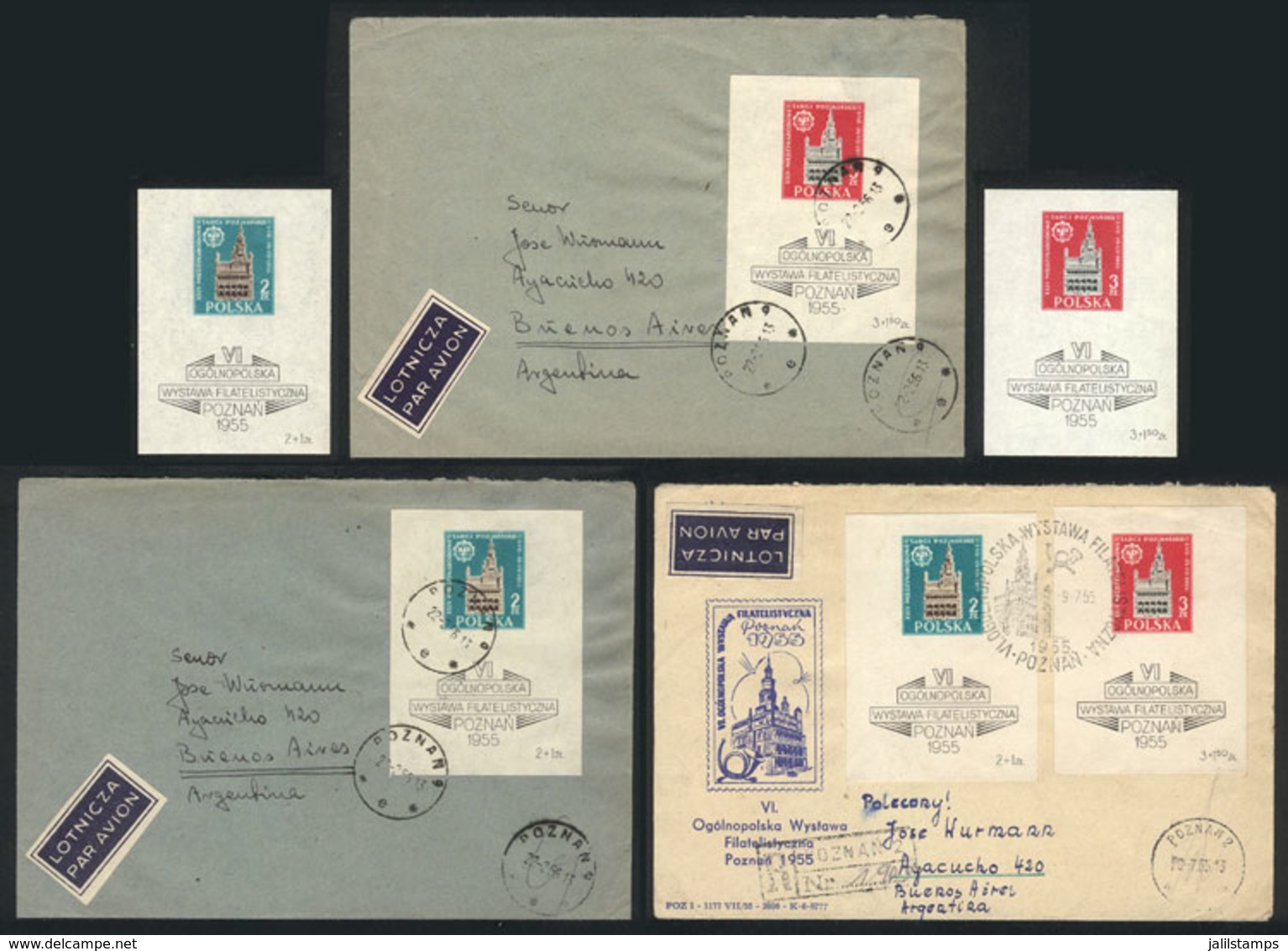 POLAND: Sc.B102/3, 1955 Poznan Stamp Exhibition, A Set Of 2 MNH Souvenir Sheets + 2 Sets Franking Covers Sent To Argenti - Other & Unclassified