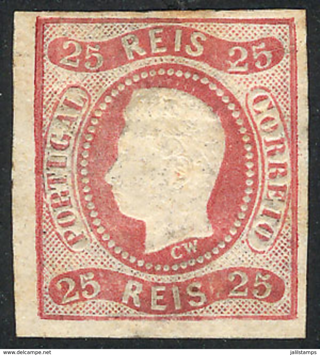 PORTUGAL: Sc.20, 1866/7 25r. Rose, Mint Part Gum, Wide Margins, VF Quality, With Small Guarantee Mark Of Victor Kneitsch - Other & Unclassified