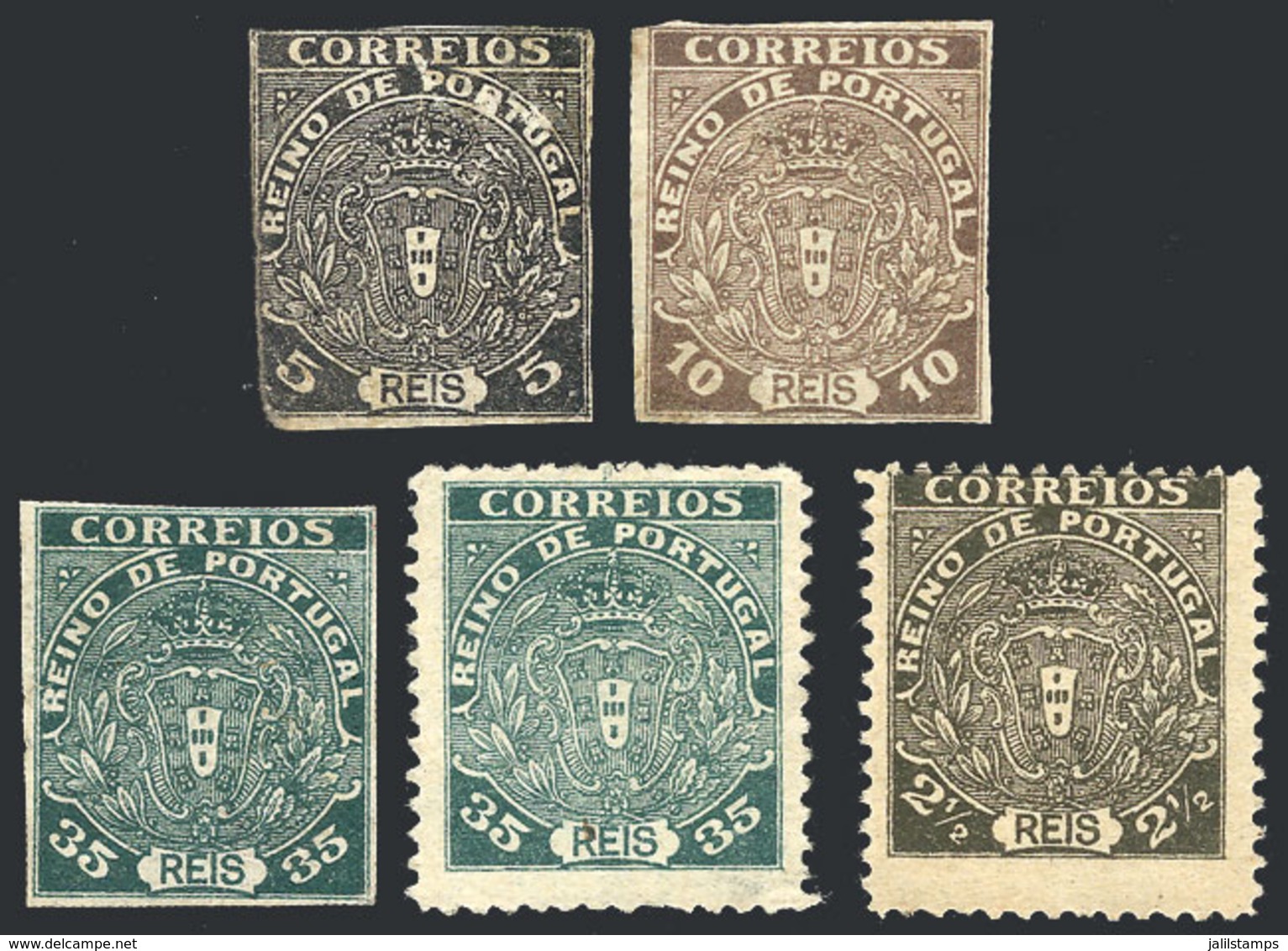 PORTUGAL: 5 ESSAYS Of Unissued Stamps, The 5r. Value With Minor Defects, The Rest Of Excellent Quality! - Other & Unclassified